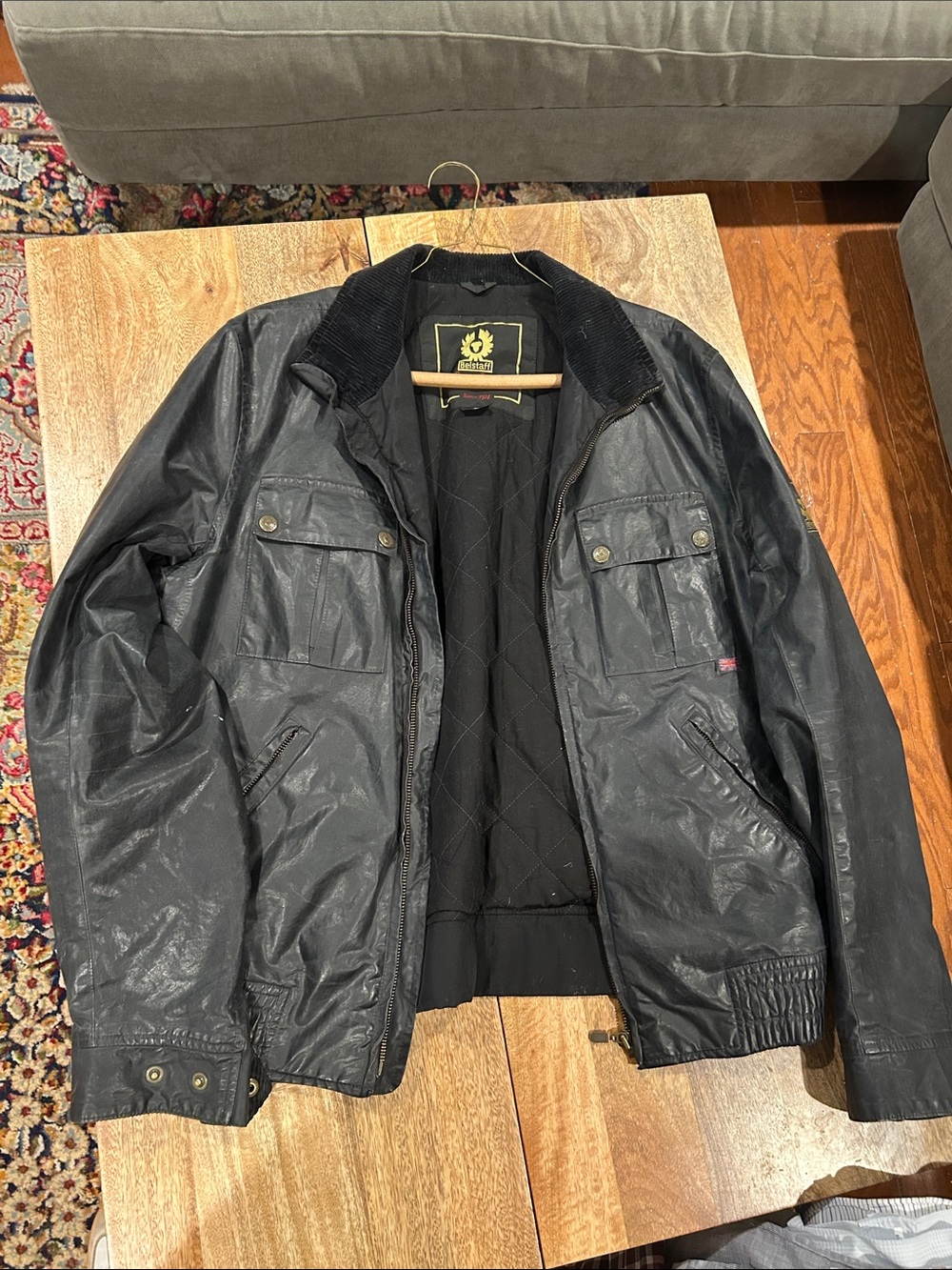 Belstaff Black Waxed Bomber Jacket with Corduroy Collar
